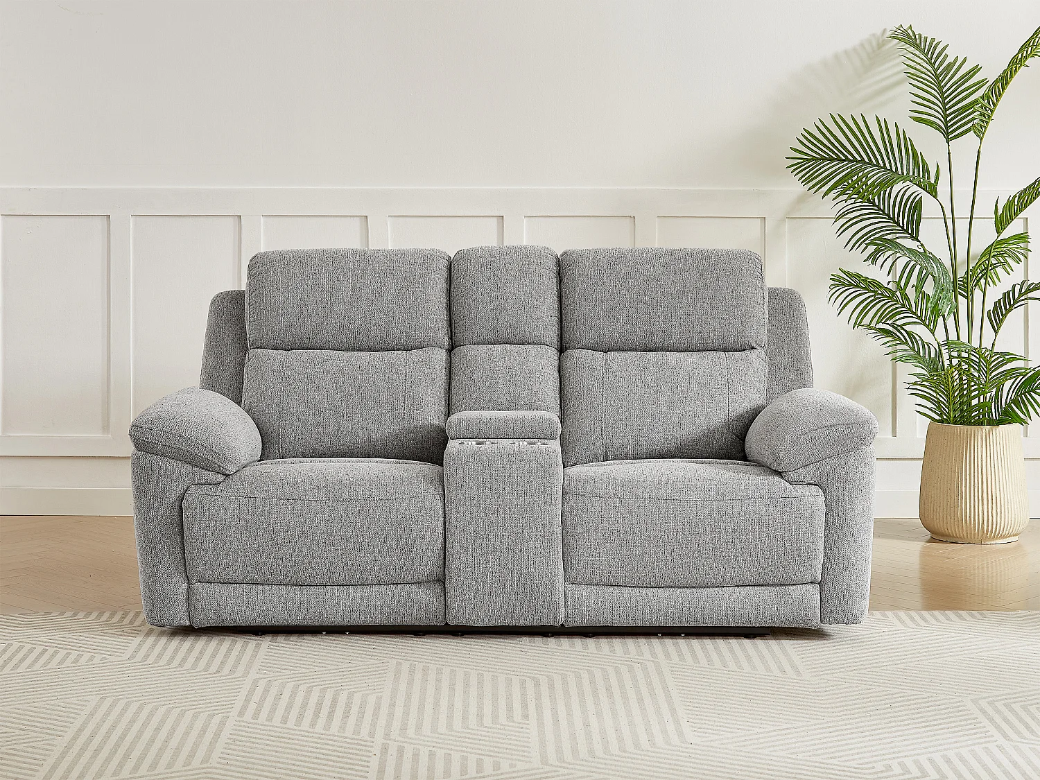 Canapé 2 places relax électrique avec tablette en tissu chiné gris KELUNO