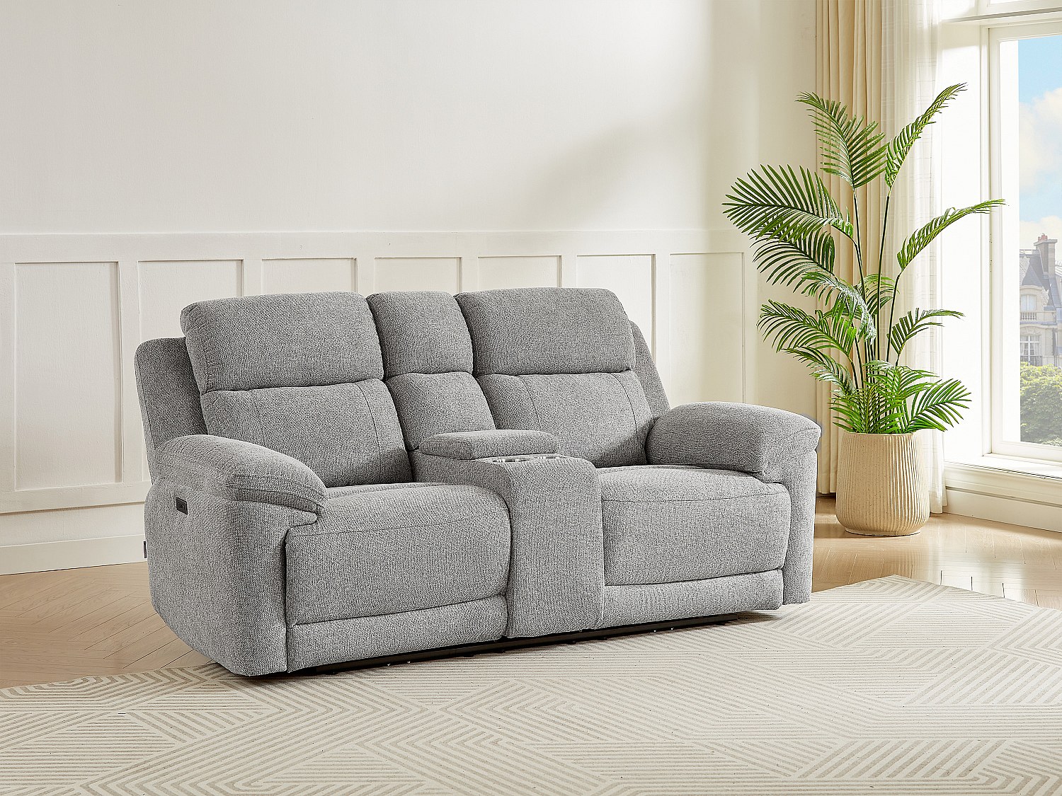 Relaxsofa 2-Sitzer elektrisch mit Ablage – melierter Stoff – Grau – KELUNO günstig online kaufen