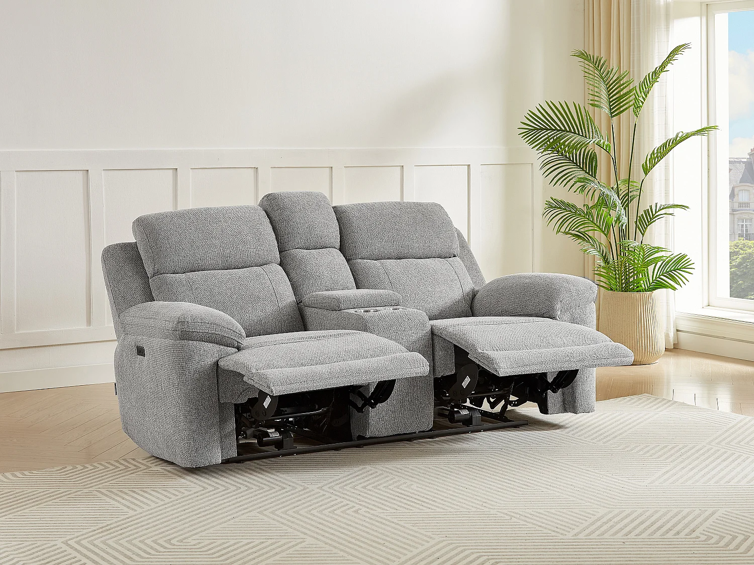 Canapé 2 places relax électrique avec tablette en tissu chiné gris KELUNO