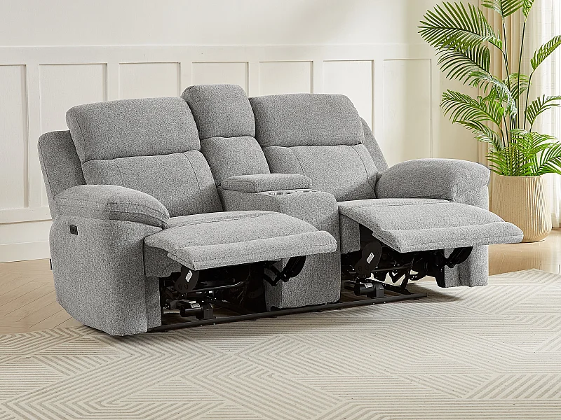 Canapé 2 places relax électrique avec tablette en tissu chiné gris KELUNO