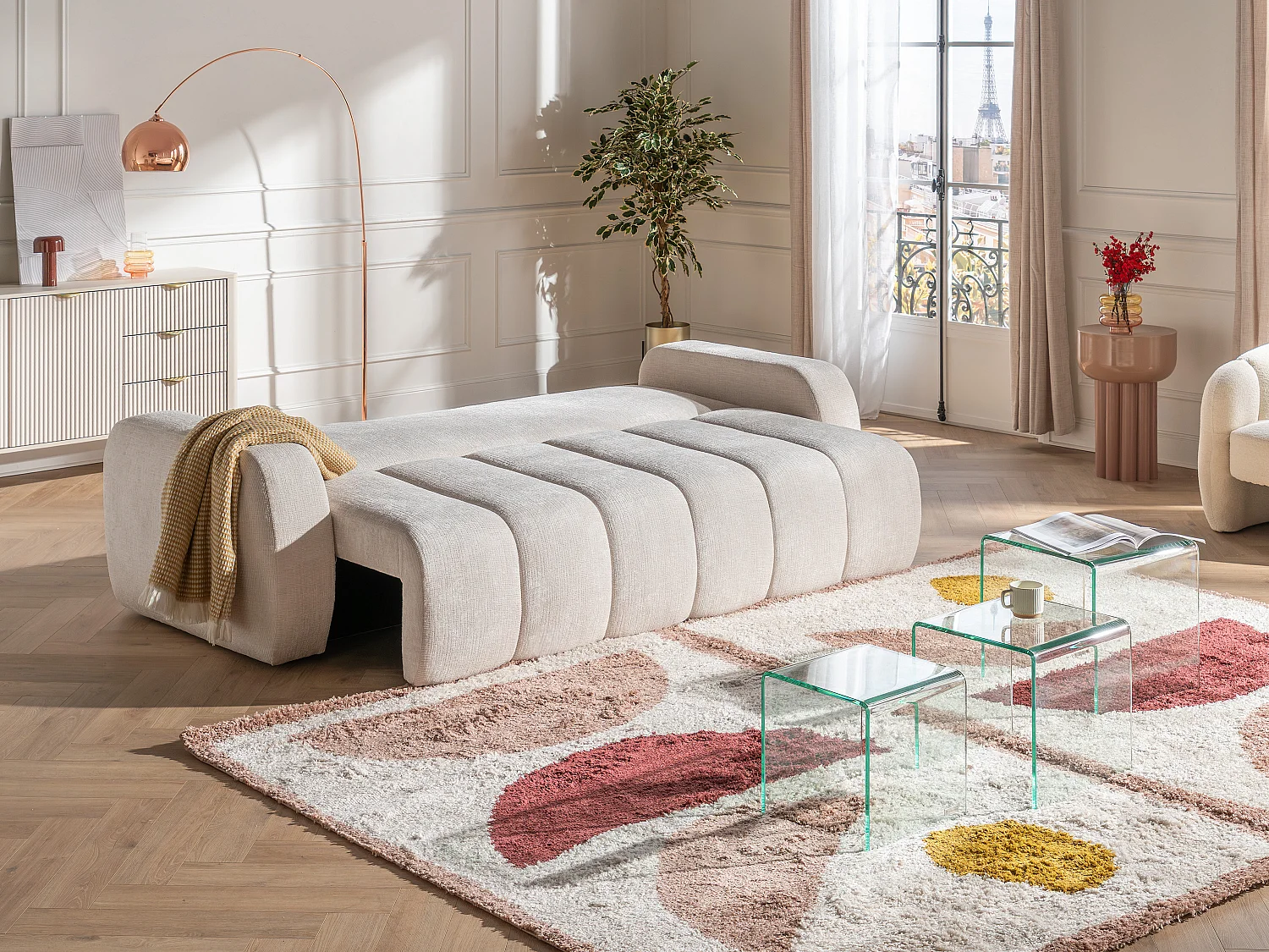 Canapé 3 places convertible en tissu chenille beige TALIVO