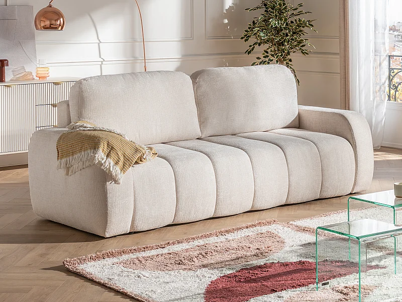 Divano letto 3 posti in tessuto ciniglia beige TALIVO