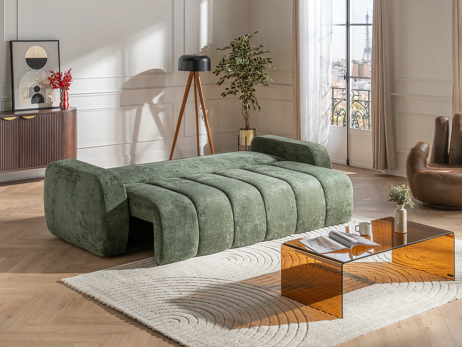 Canapé 3 places convertible en tissu chenille vert TALIVO