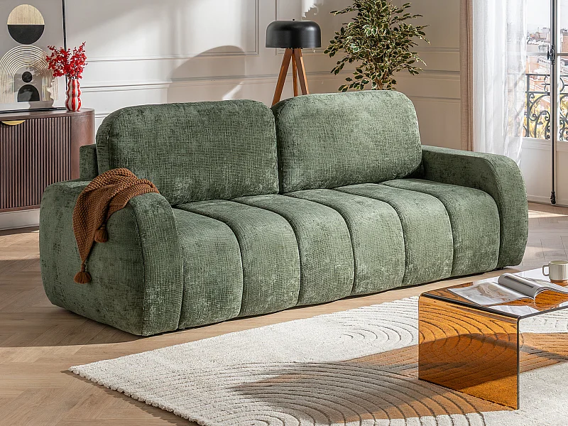 Driezitsslaapbank in groene chenille stof TALIVO