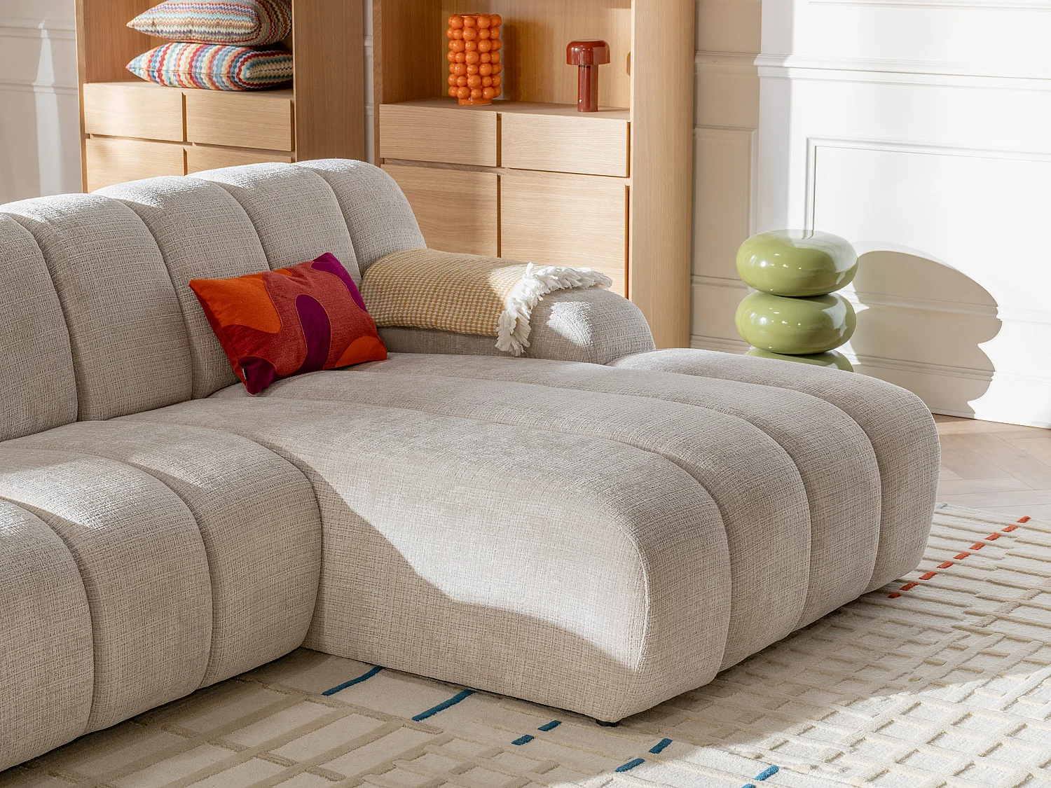 Canapé d'angle droit en tissu chenille beige BELADON