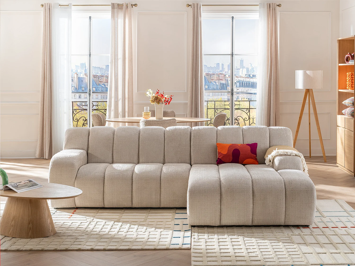 Canapé d'angle droit en tissu chenille beige BELADON