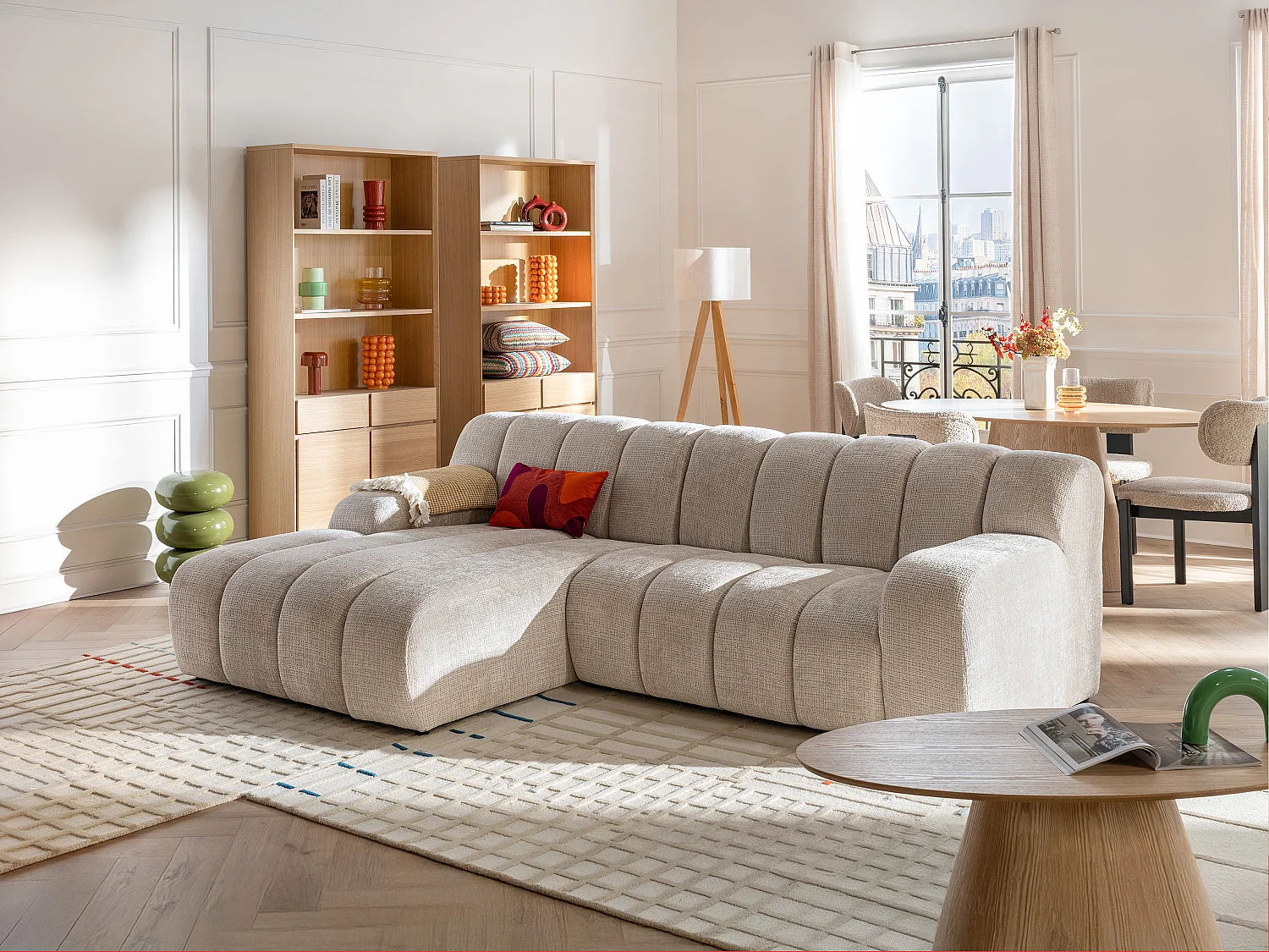 Canapé d'angle gauche en tissu chenille beige BELADON