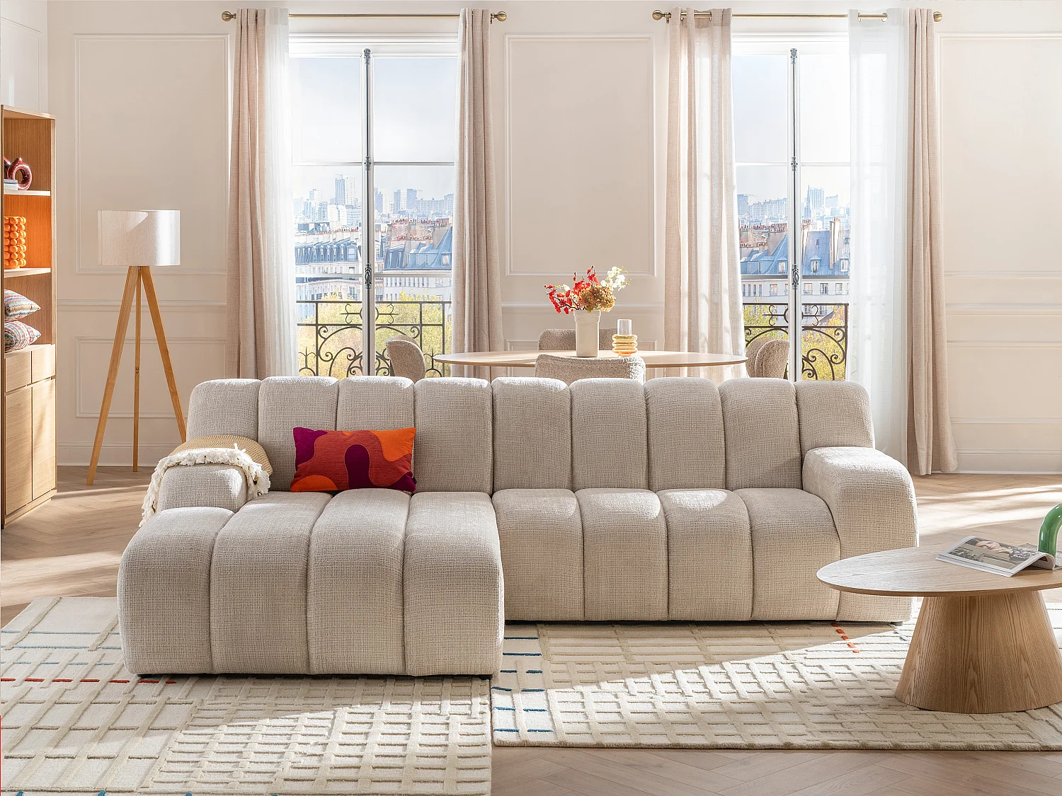 Canapé d'angle gauche en tissu chenille beige BELADON