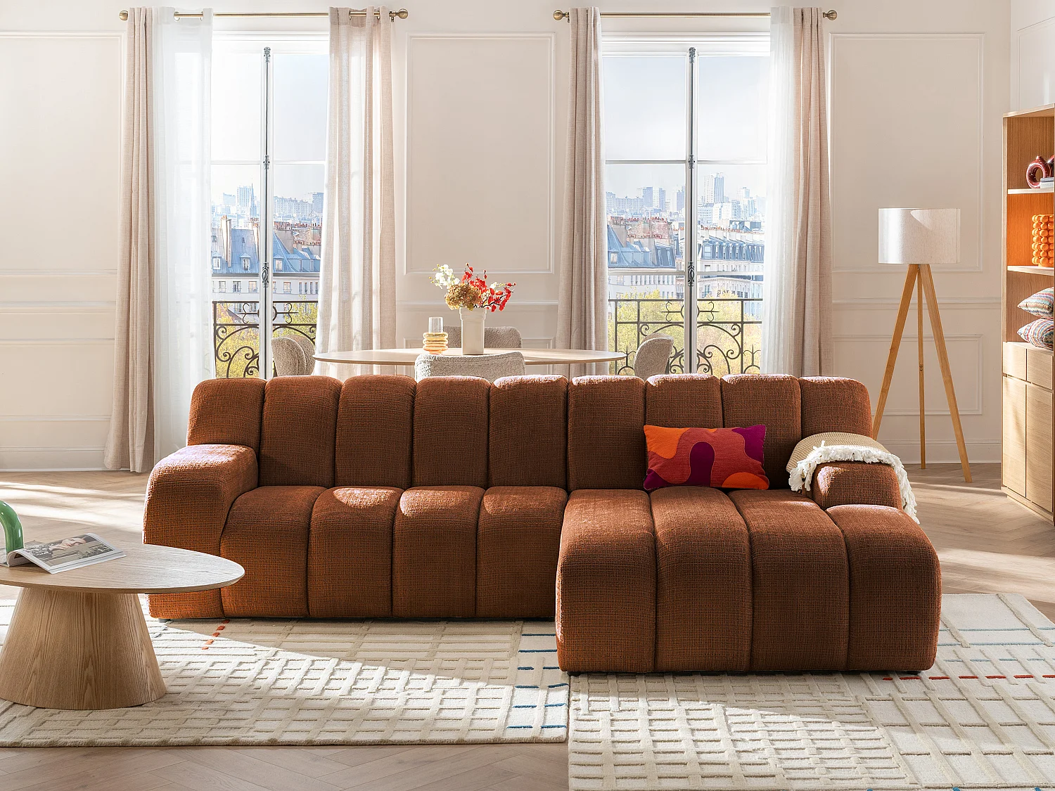 Canapé d'angle droit en tissu chenille terracotta BELADON