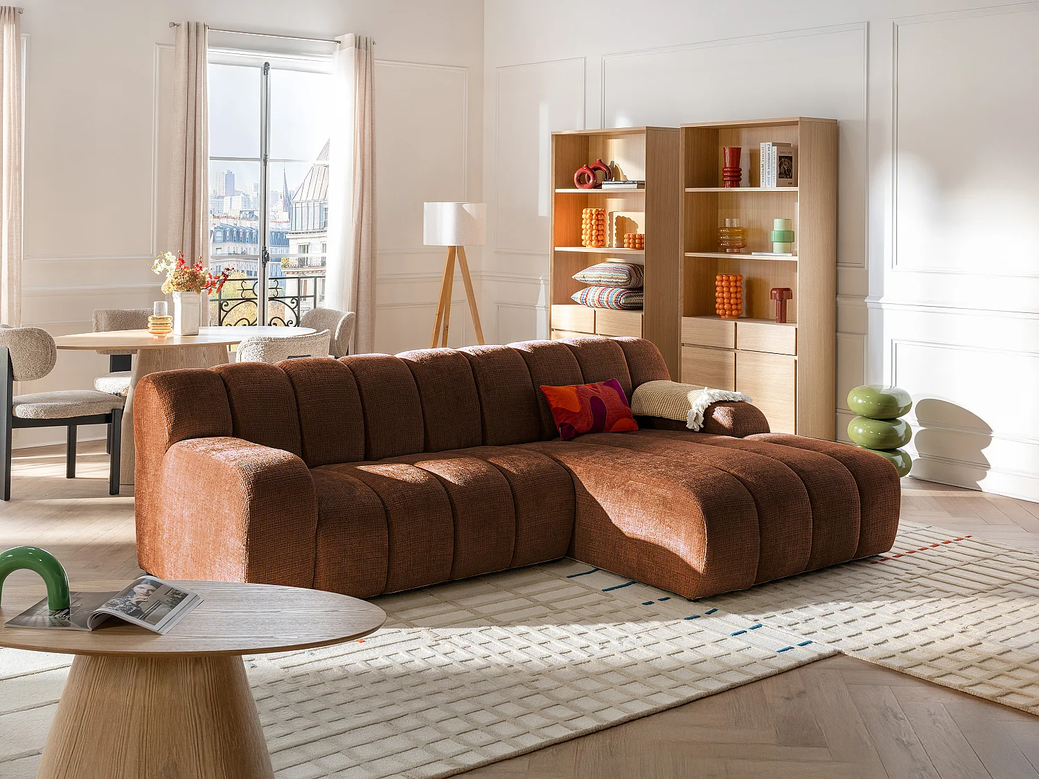 Canapé d'angle droit en tissu chenille terracotta BELADON