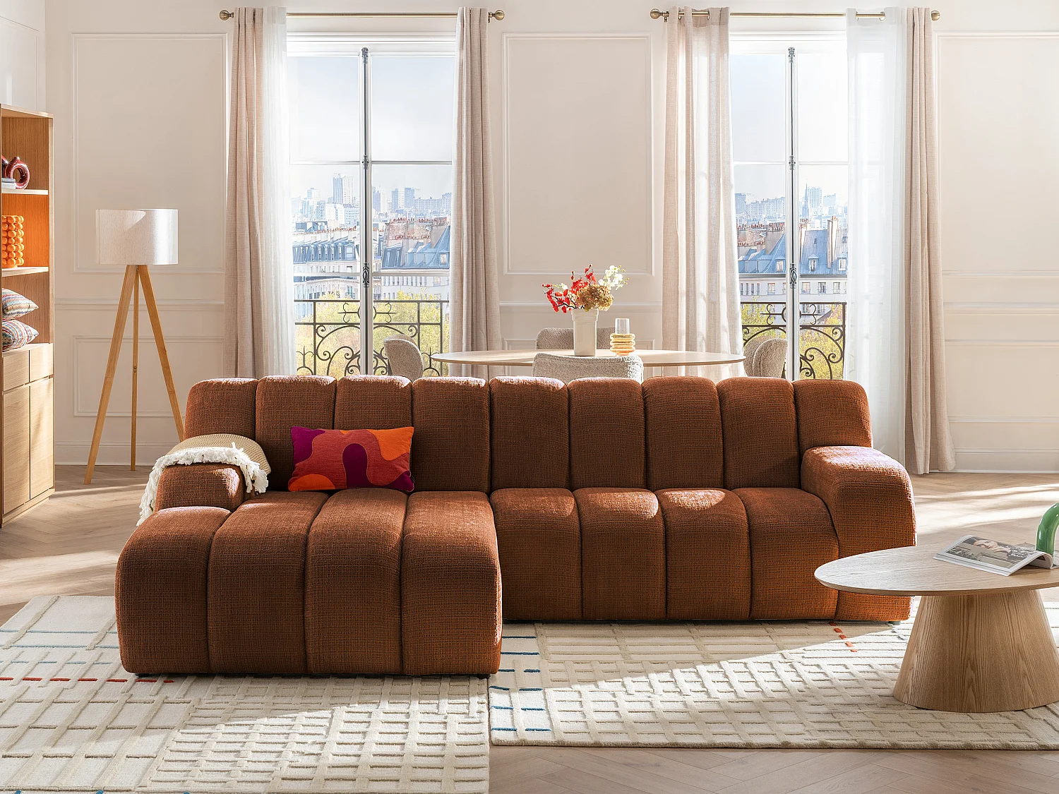 Canapé d'angle gauche en tissu chenille terracotta BELADON