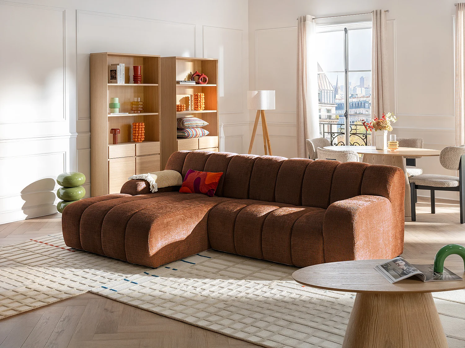 Canapé d'angle gauche en tissu chenille terracotta BELADON