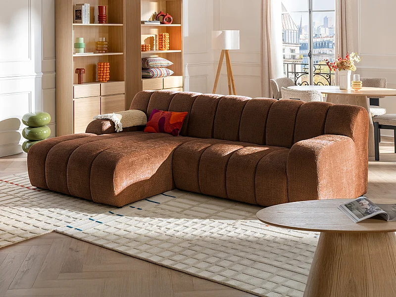 Canapé d'angle gauche en tissu chenille terracotta BELADON