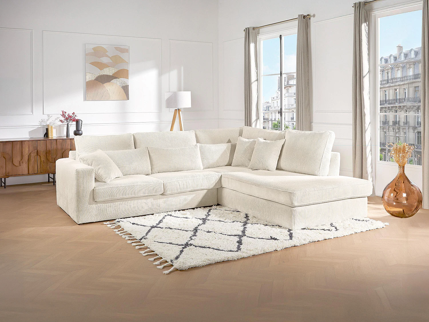 Grand canapé d'angle droit en velours côtelé beige MONDOVI