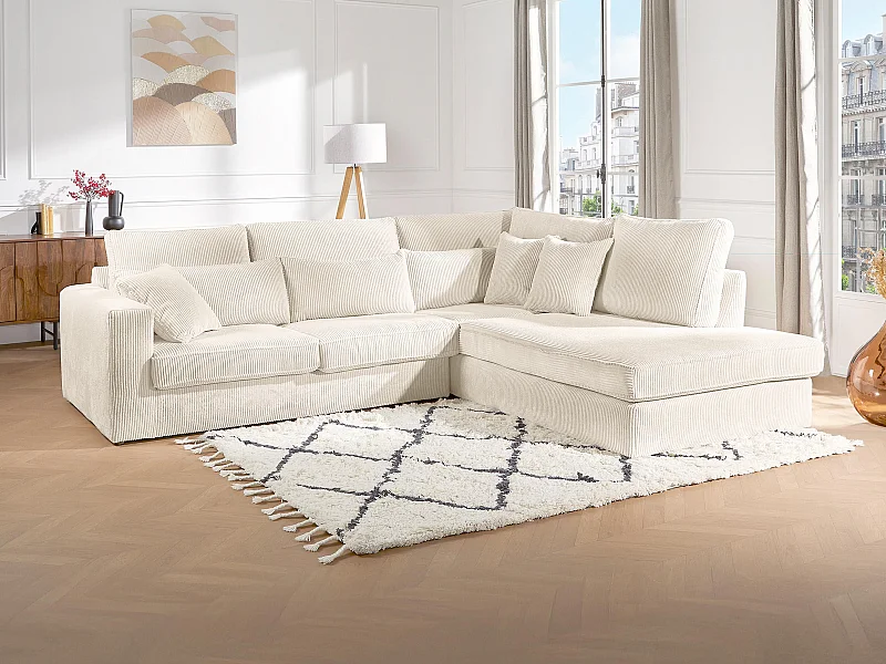 Grand canapé d'angle droit en velours côtelé beige MONDOVI