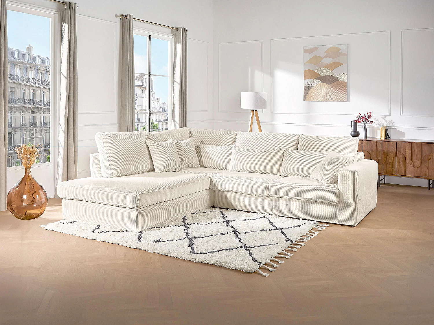 Grand canapé d'angle gauche en velours côtelé beige MONDOVI