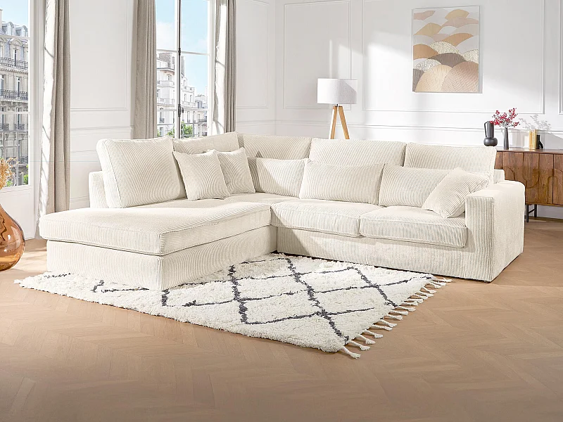 Grand canapé d'angle gauche en velours côtelé beige MONDOVI