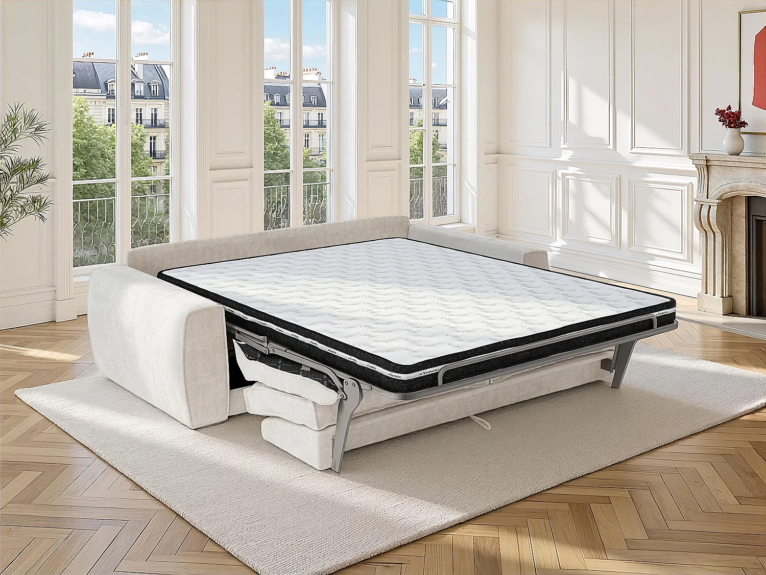 Canapé 4 places convertible express en tissu chenille beige - Couchage 160 cm - Matelas 13 cm VOMERA de Maison Céphy