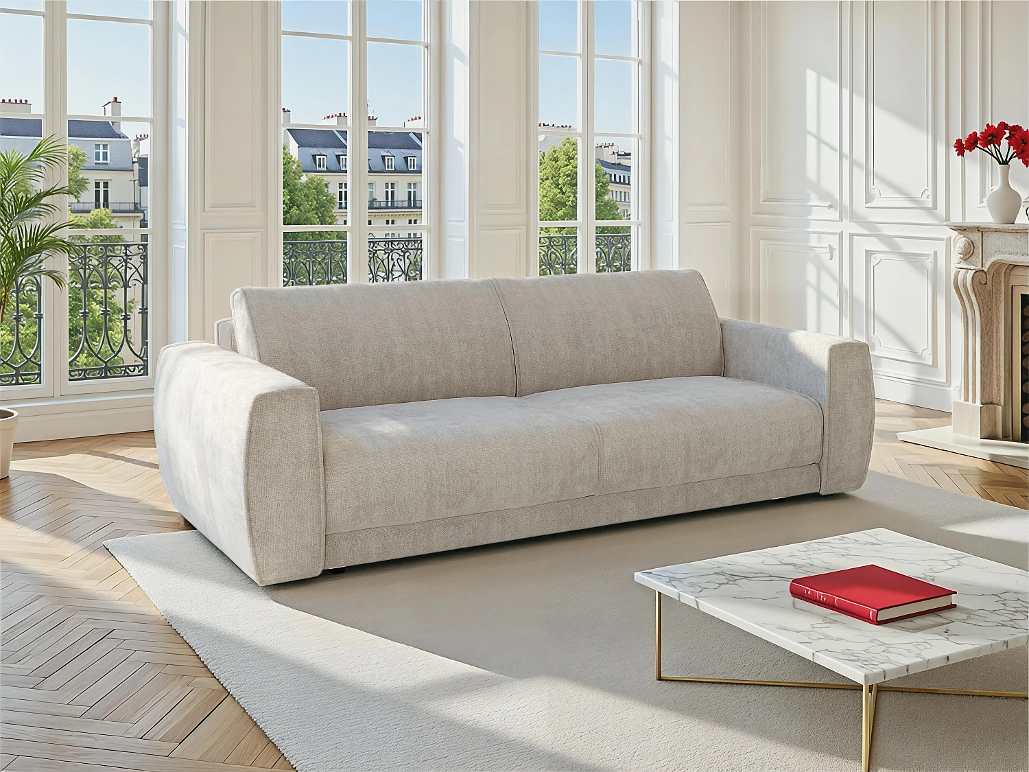 4-sits bäddsoffa i beige chenilletyg - Sovplats 160 cm - Madrass 13 cm VOMERA från Maison Céphy