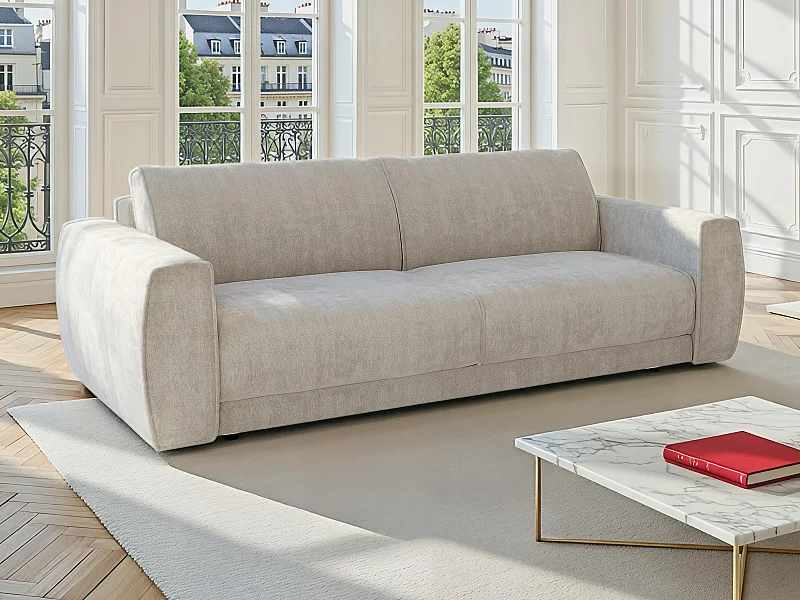 Divano letto 4 posti con meccanismo express in tessuto ciniglia beige - Letto 160 cm - Materasso 13 cm VOMERA di Maison Céphy