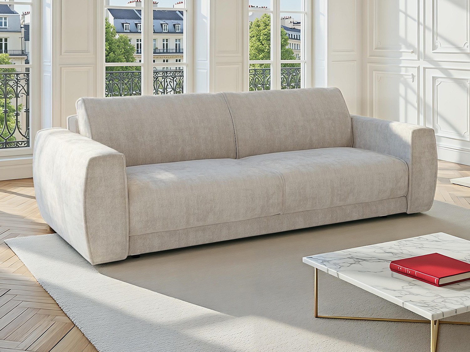 4-seters sovesofa med hurtigmekanisme i beige chenillestoff - Soveplass 160 cm - 16 cm madrass VOMERA fra Maison Céphy