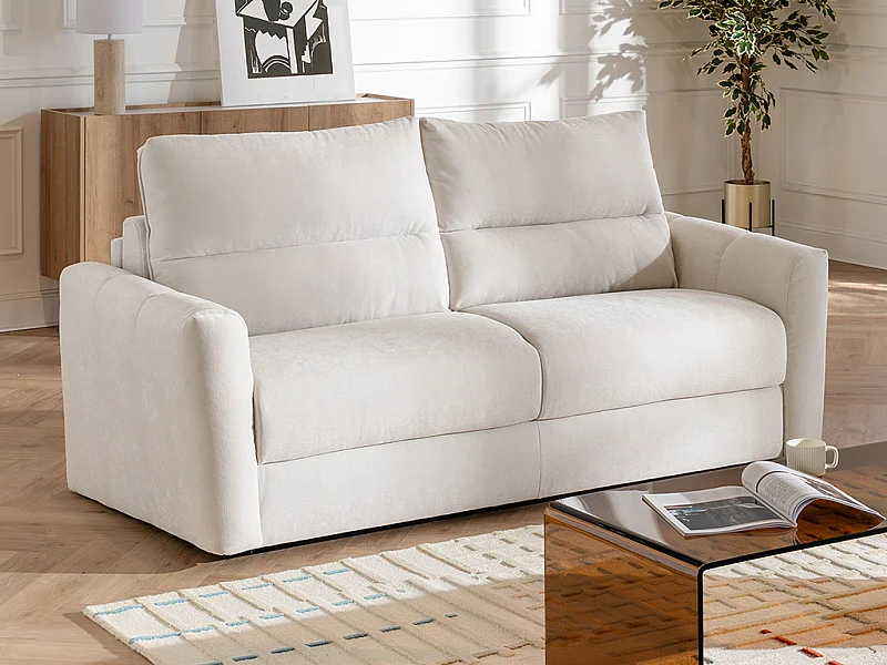 Canapé 3 places convertible express en tissu chenille beige - Couchage 140 cm - Matelas 13 cm DOVENA de Maison Céphy