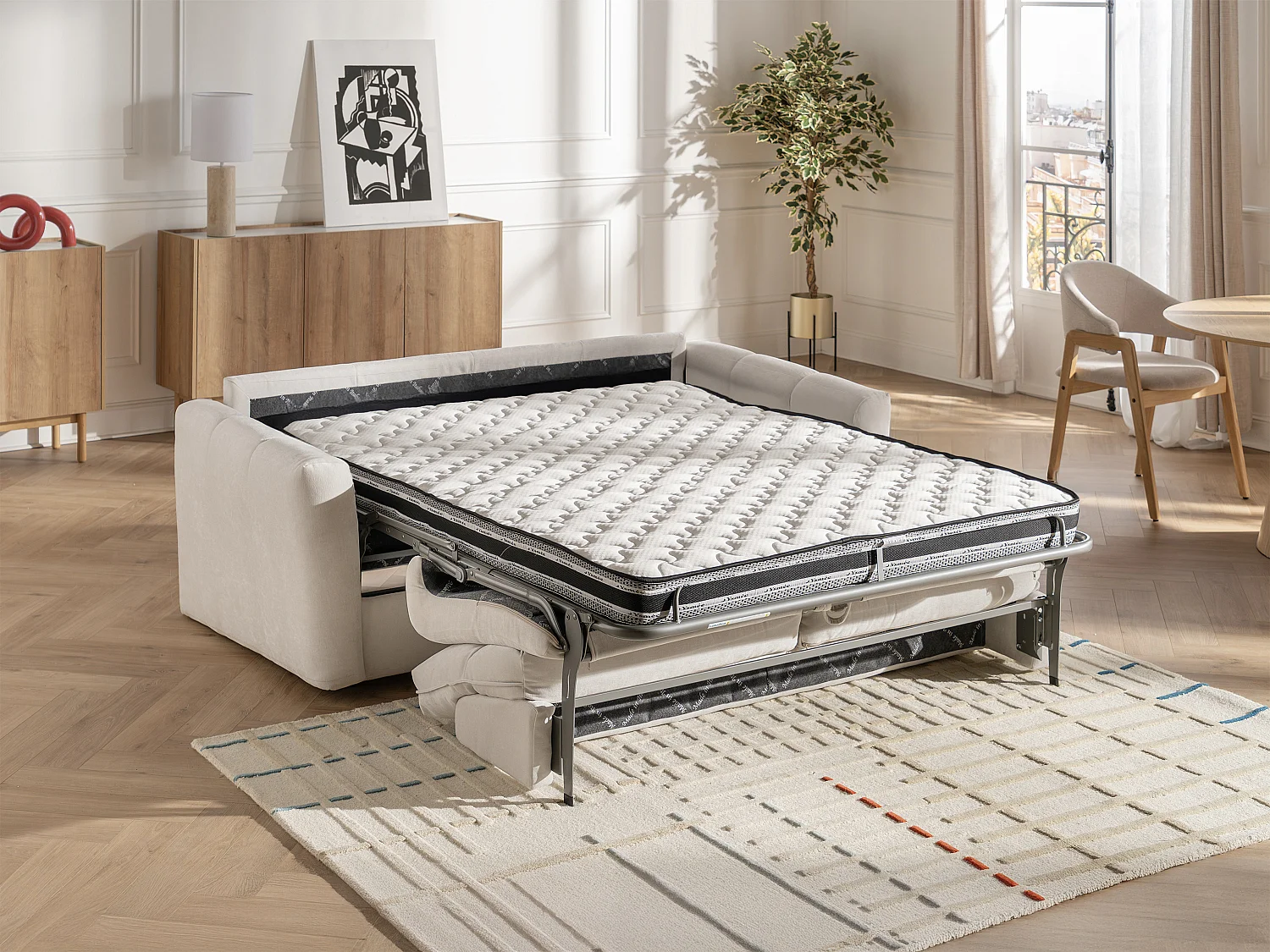 Canapé 4 places convertible express en tissu chenille beige - Couchage 160 cm - Matelas 13 cm DOVENA de Maison Céphy