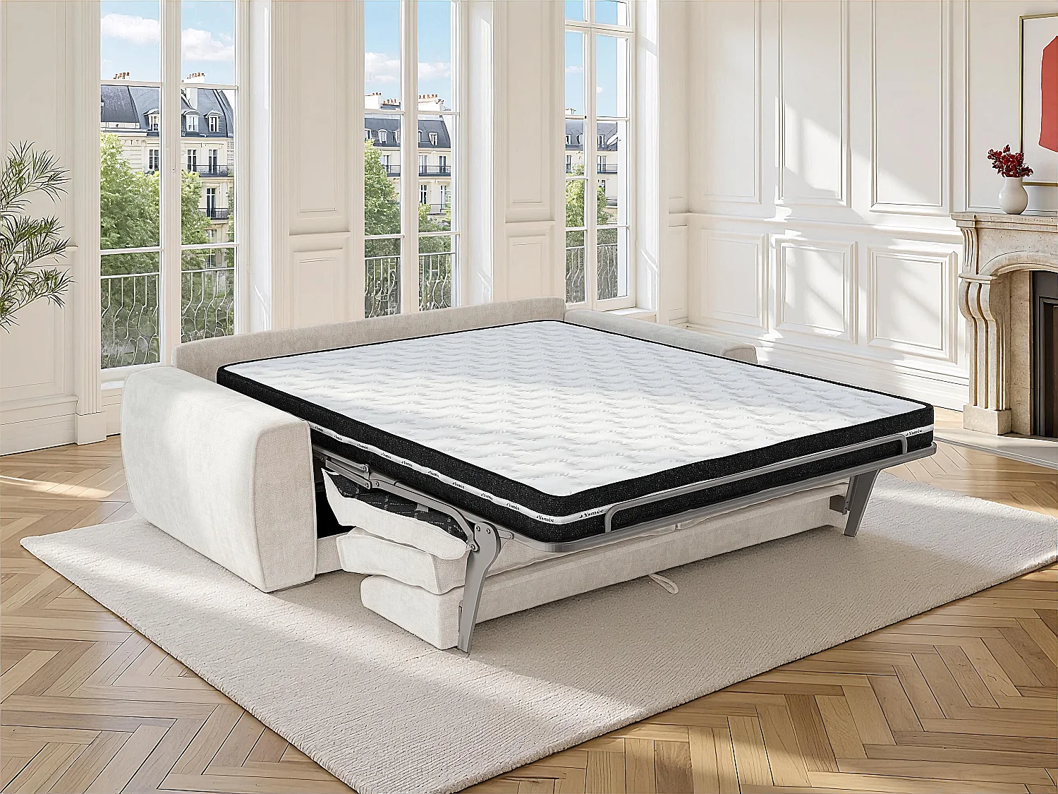 Canapé 3 places convertible express en tissu chenille beige - Couchage 140 cm - Matelas 16 cm VOMERA de Maison Céphy