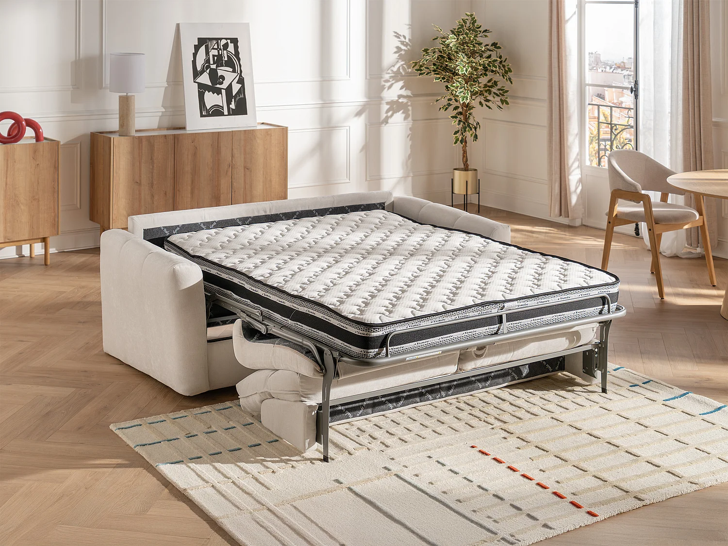 Canapé 3 places convertible express en tissu chenille beige - Couchage 140 cm - Matelas 16 cm DOVENA de Maison Céphy