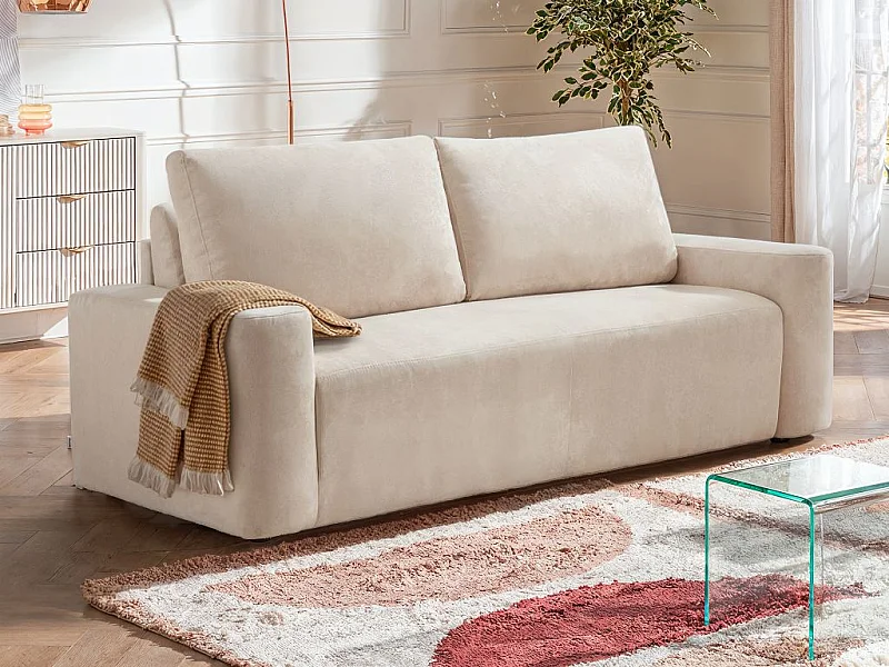 Canapé 4 places convertible express en tissu texturé beige - Couchage 160 cm - Matelas 13 cm DAVISO