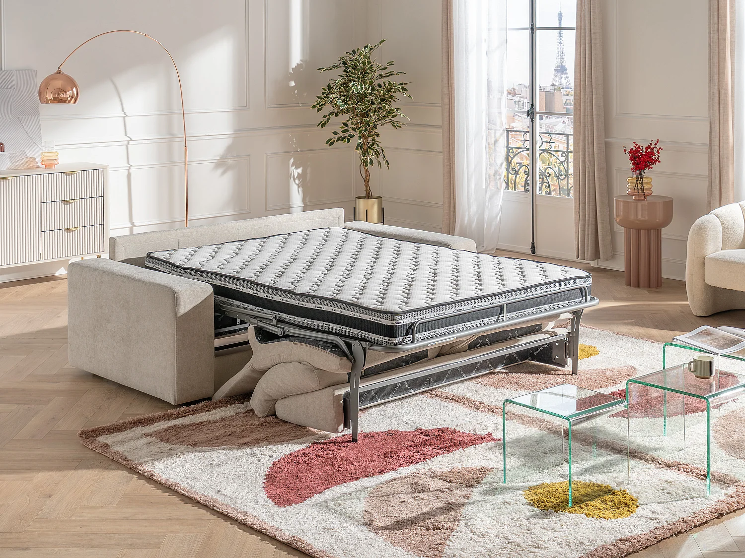 Canapé 4 places convertible express en tissu texturé beige - Couchage 160 cm - Matelas 16 cm DAVISO