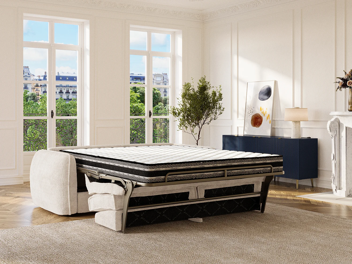 Canapé 3 places convertible express en tissu chenille beige - Couchage 140 cm - Matelas 13 cm SELIVO de Maison Céphy