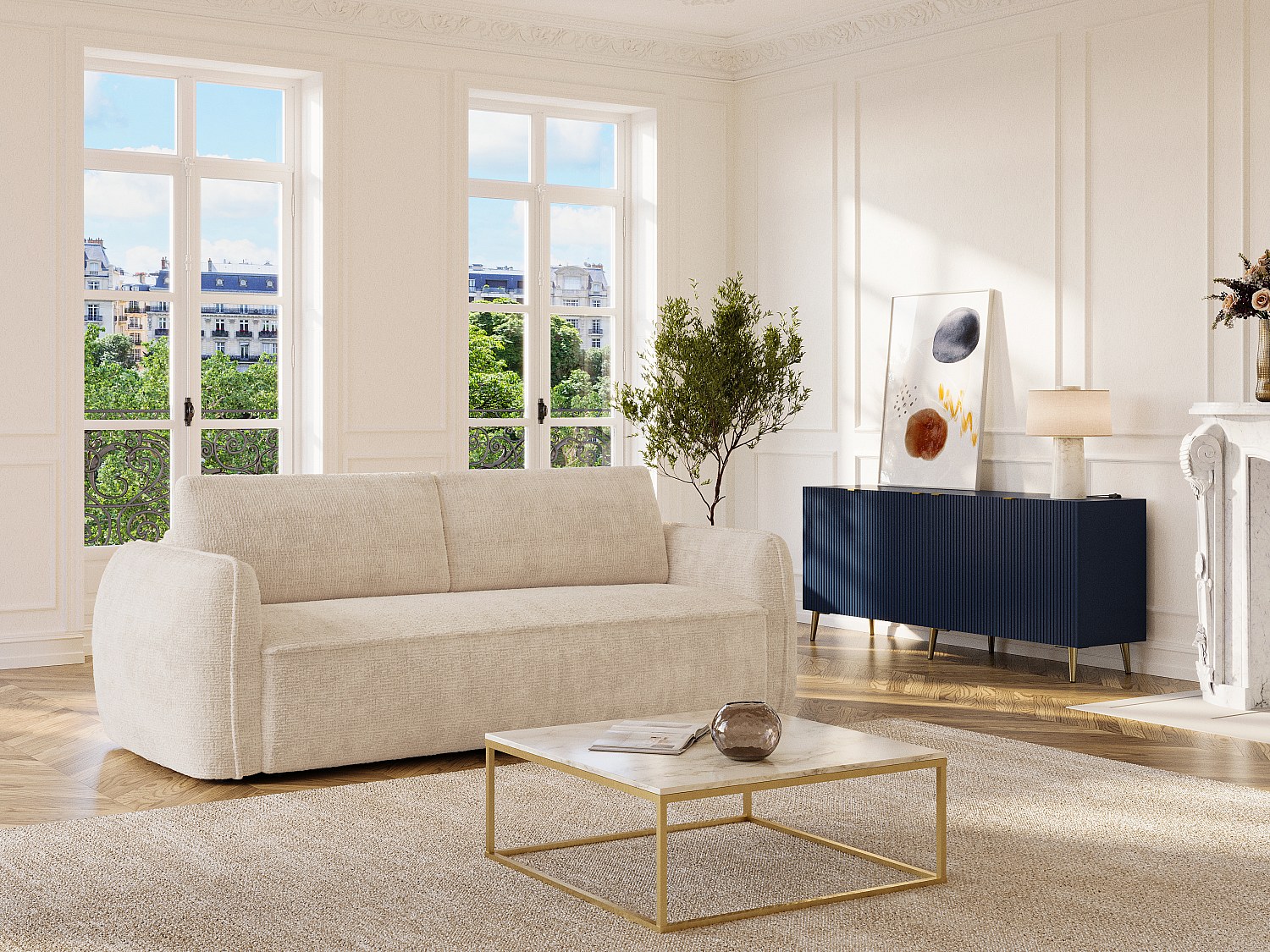4-Sitzer-Schlafsofa mit Express-Funktion – Chenille-Stoff Beige – Liegefläc günstig online kaufen