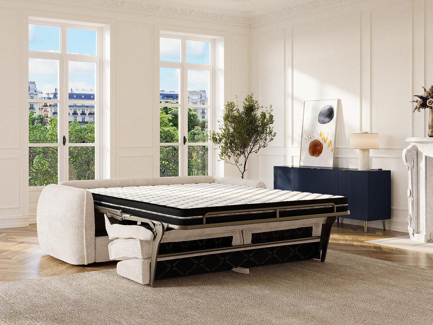 4-Sitzer-Schlafsofa mit Express-Funktion – Chenille-Stoff Beige – Liegefläche 160 cm – Matratze 13 cm – SELIVO von Maison Céphy