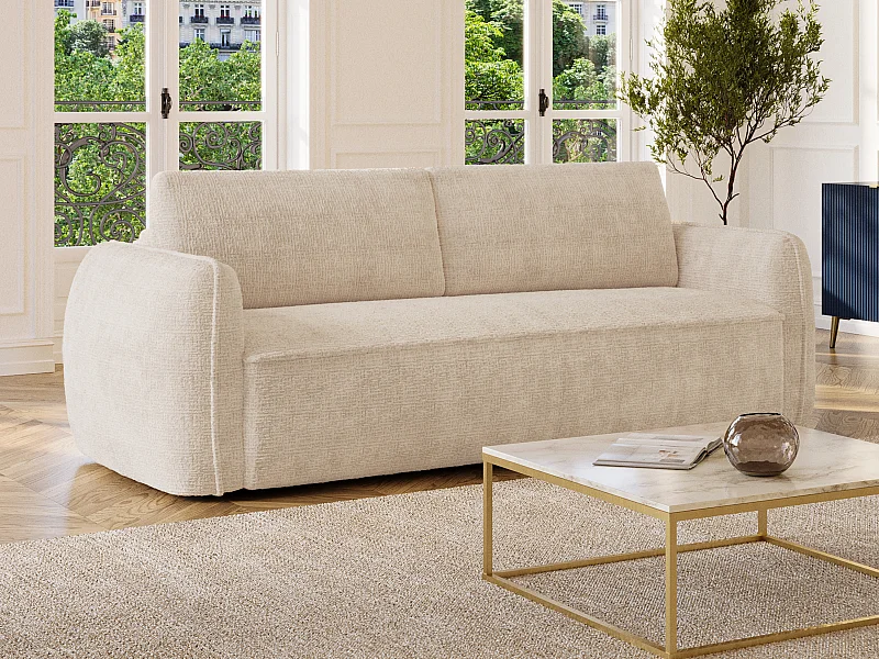 Canapé 4 places convertible express en tissu chenille beige - Couchage 160 cm - Matelas 16 cm SELIVO de Maison Céphy
