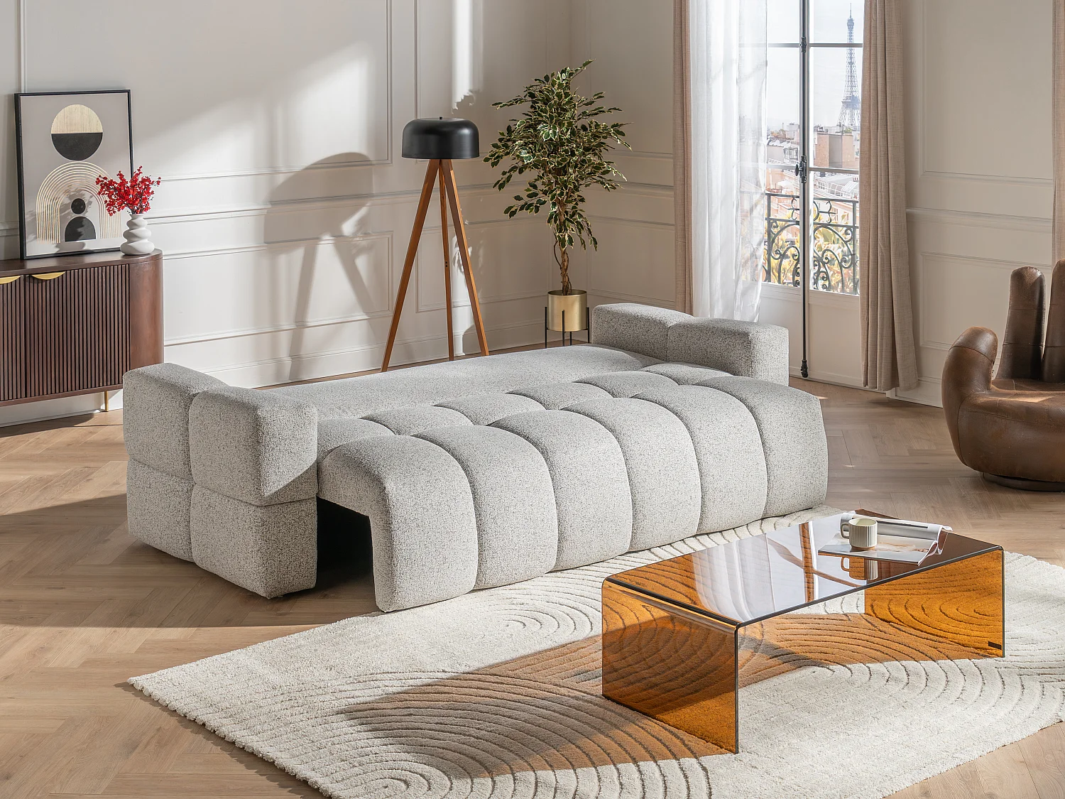 Canapé 3 places convertible en tissu chiné gris clair ISSORO