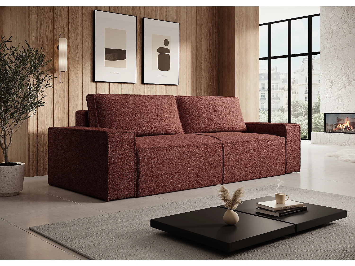 Canapé 4 places convertible en tissu chenille bordeaux AMELIA