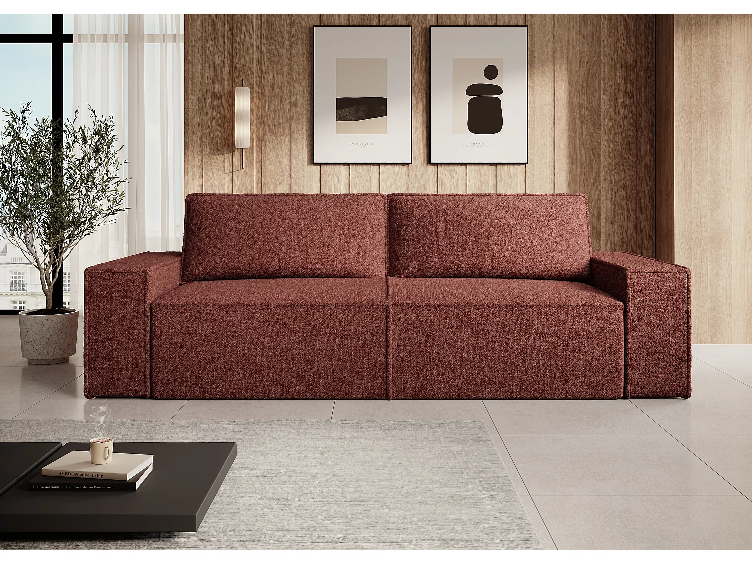 Canapé 4 places convertible en tissu chenille bordeaux AMELIA