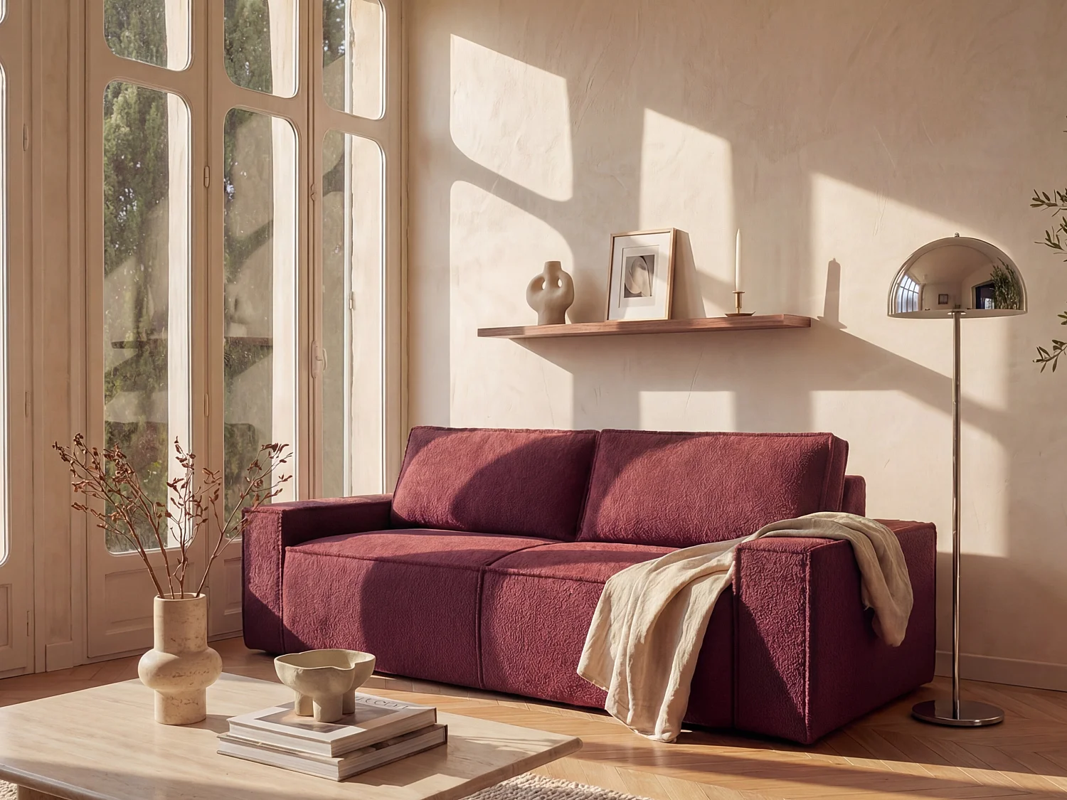 4-Sitzer Schlafsofa aus bordeauxrotem Chenille-Stoff AMELIA