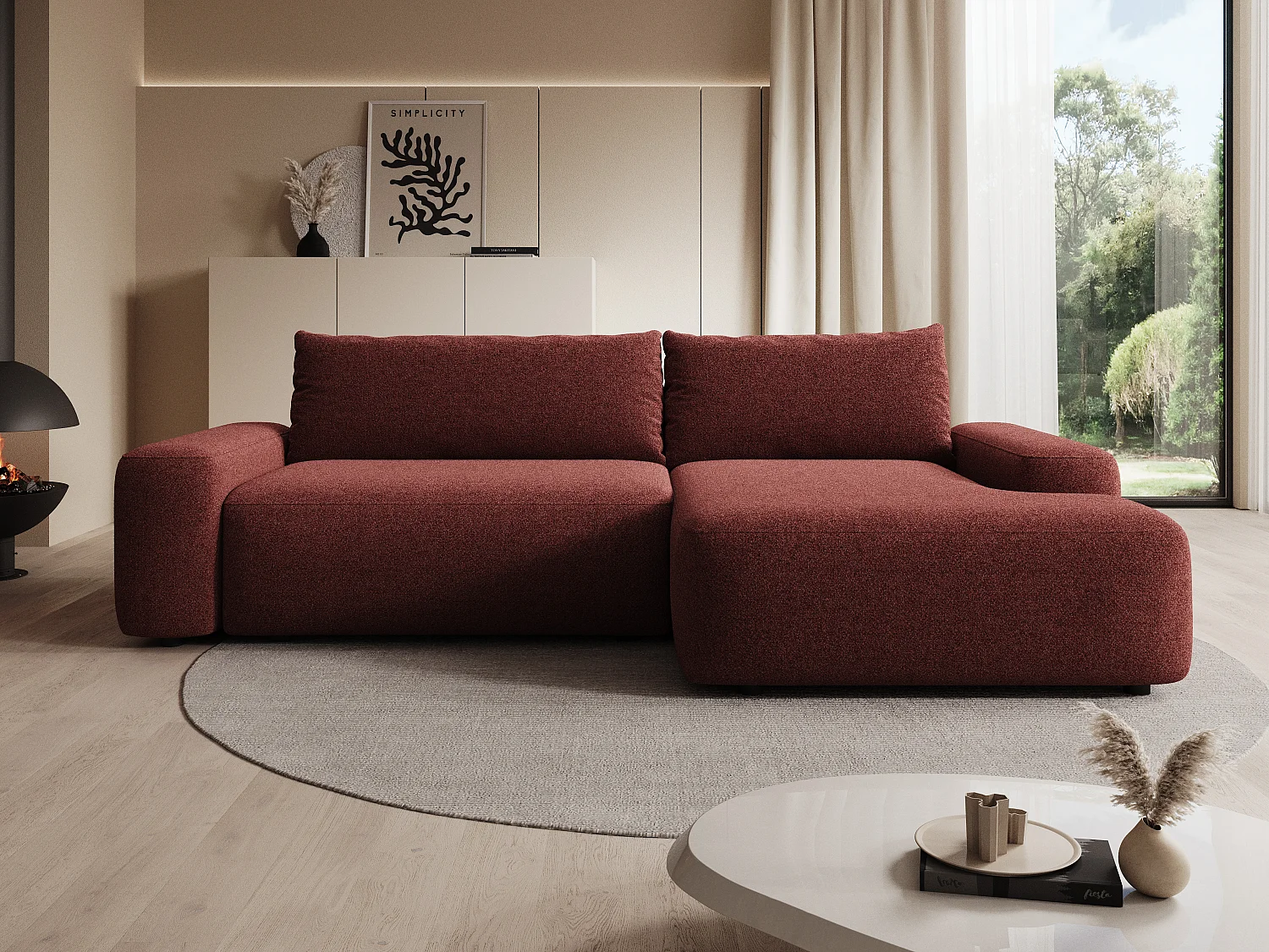 Sofá cama rinconera derecha en chenilla burdeos DAVISO