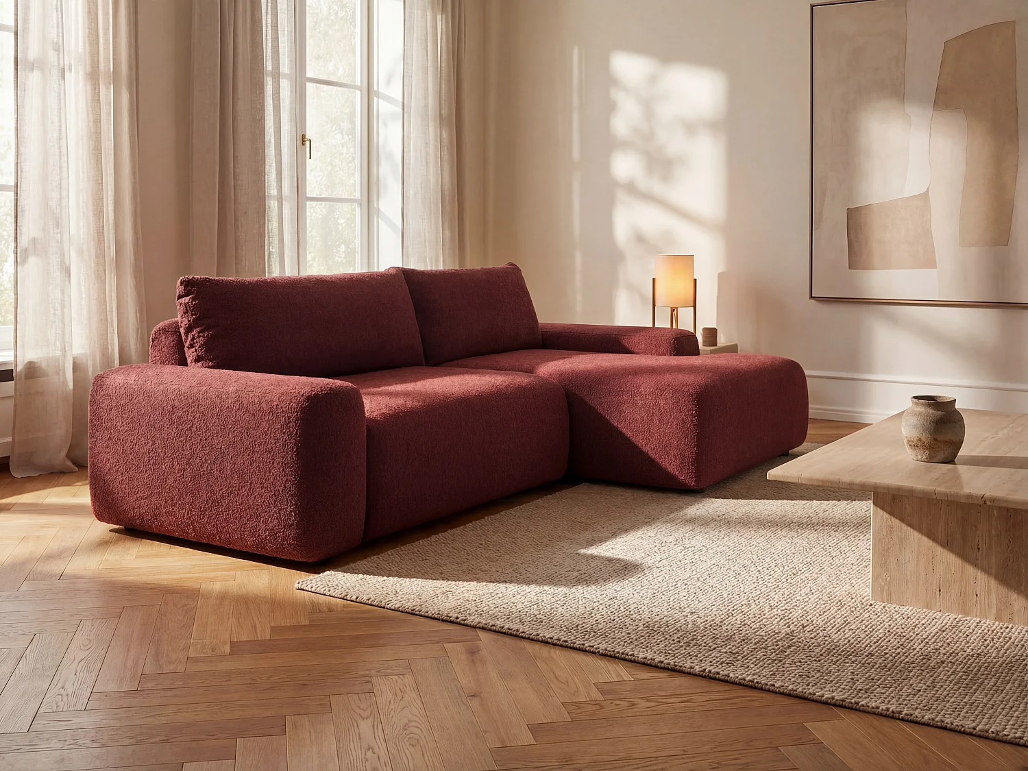 Ecksofa rechts mit Schlaffunktion - Chenille-Stoff - Bordeaux - DAVISO