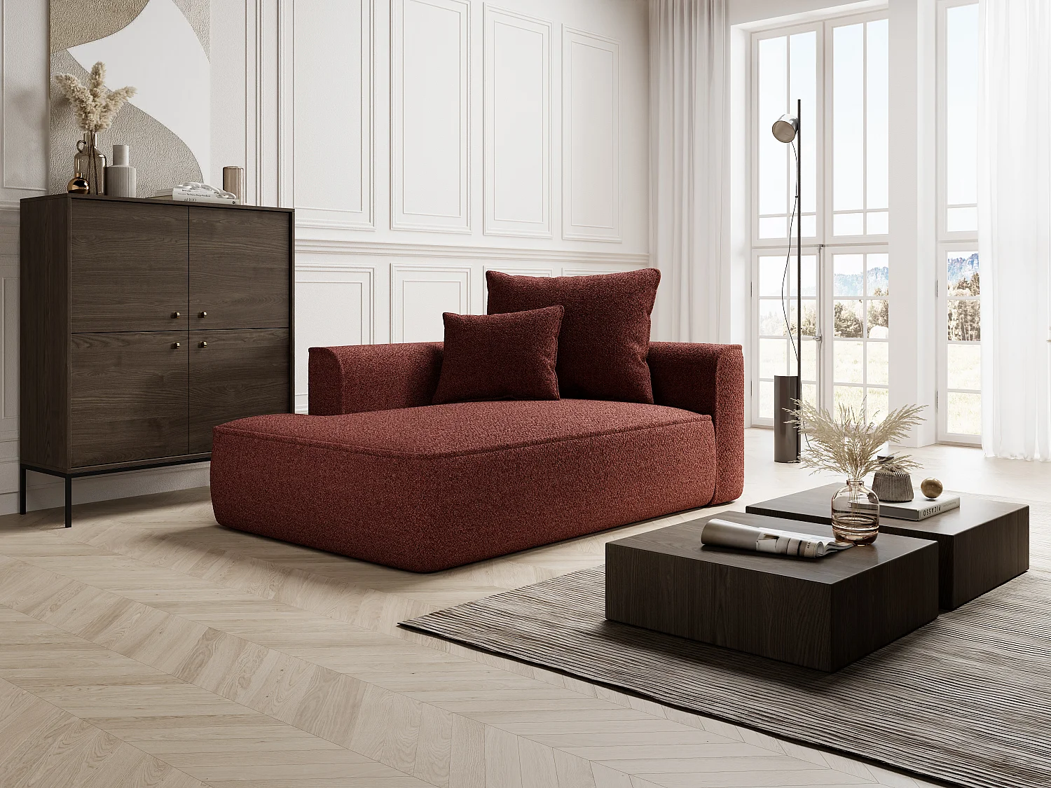 Méridienne gauche en tissu chenille bordeaux PINETA