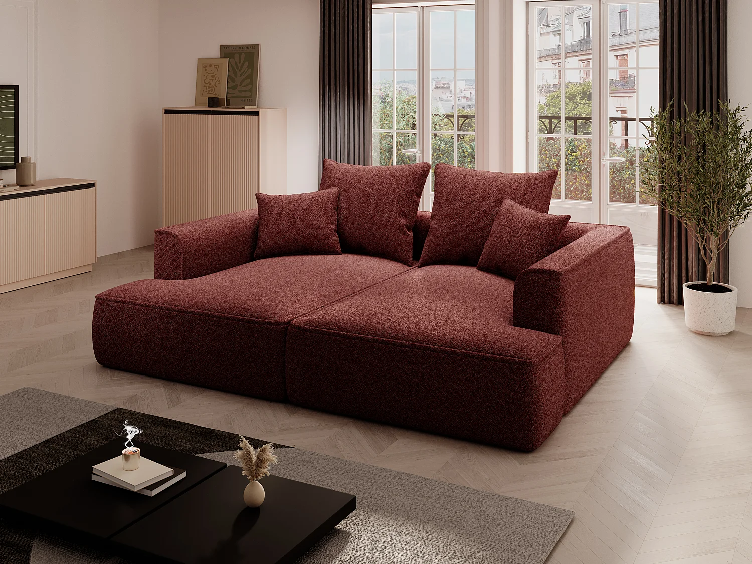 Canapé 3 places confort assise profonde en tissu chenille bordeaux PINETA