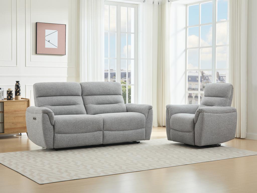 Canapé 3 places et fauteuil relax électrique en tissu texturé gris BREVIO