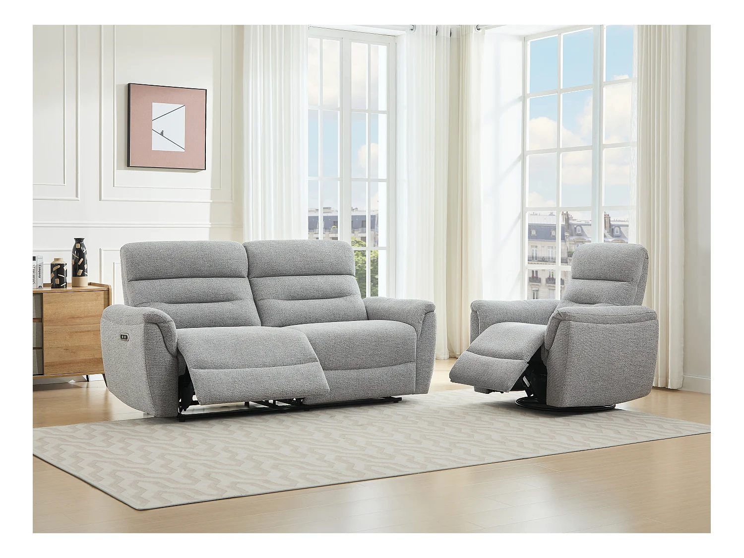 3-seters sofa og elektrisk lenestol i teksturert grått stoff BREVIO