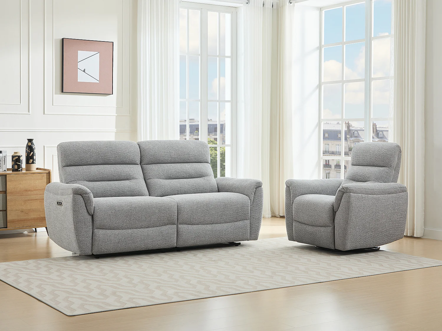 Canapé 3 places et fauteuil relax électrique en tissu texturé gris BREVIO
