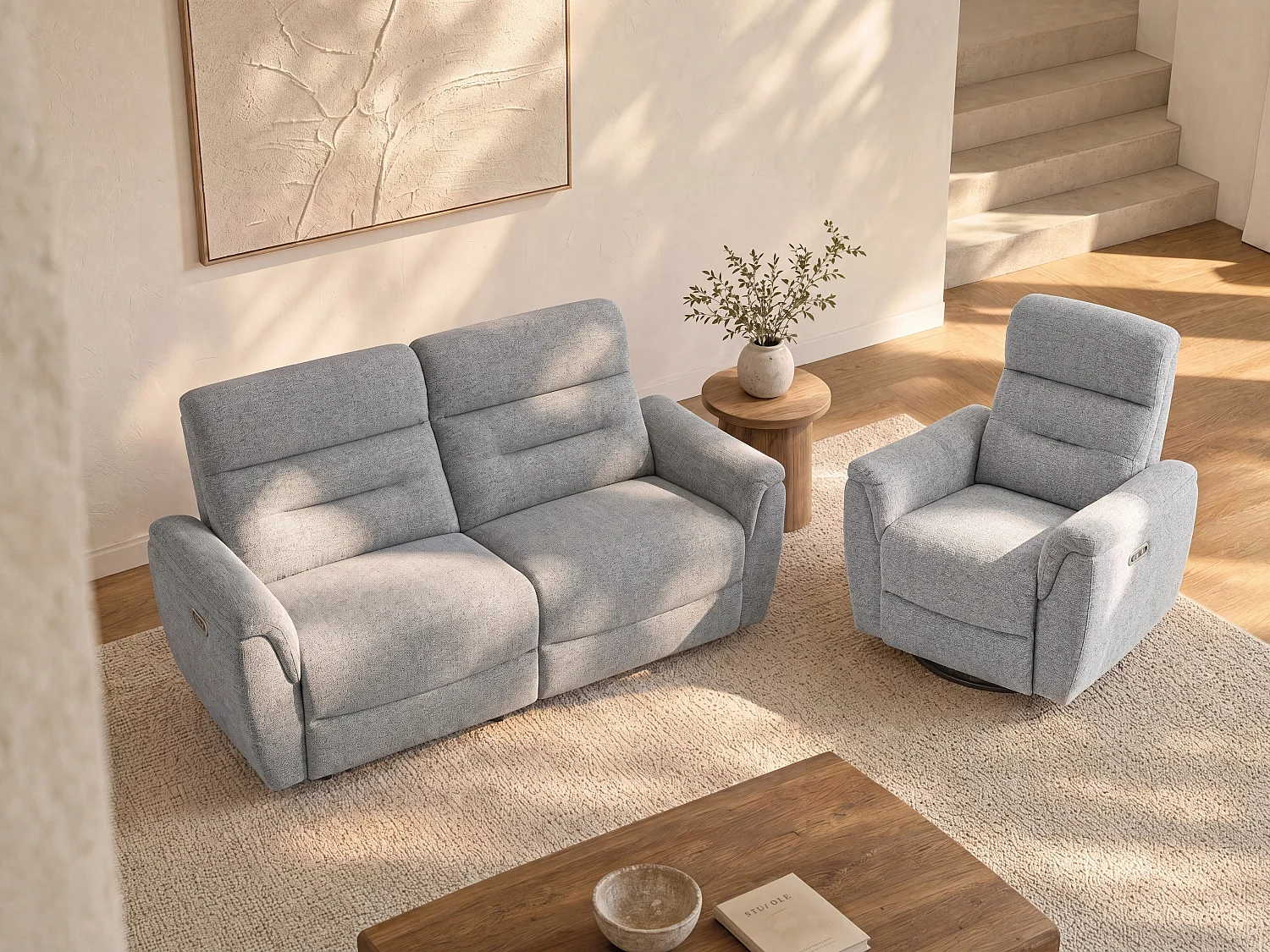Canapé 3 places et fauteuil relax électrique en tissu texturé gris BREVIO