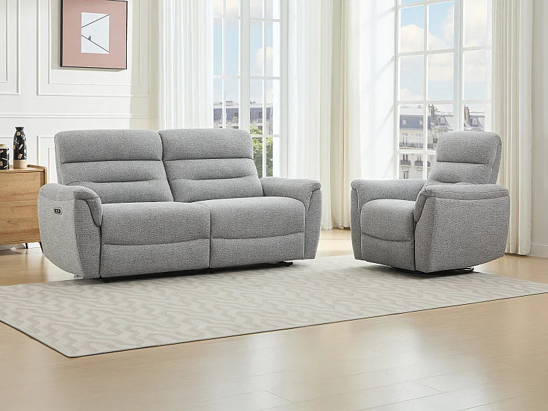 Canapé 3 places et fauteuil relax électrique en tissu texturé gris BREVIO