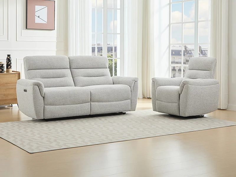 3-Sitzer Sofa + elektrischer Relaxsessel - Strukturstoff - Hellgrau - BREVIO