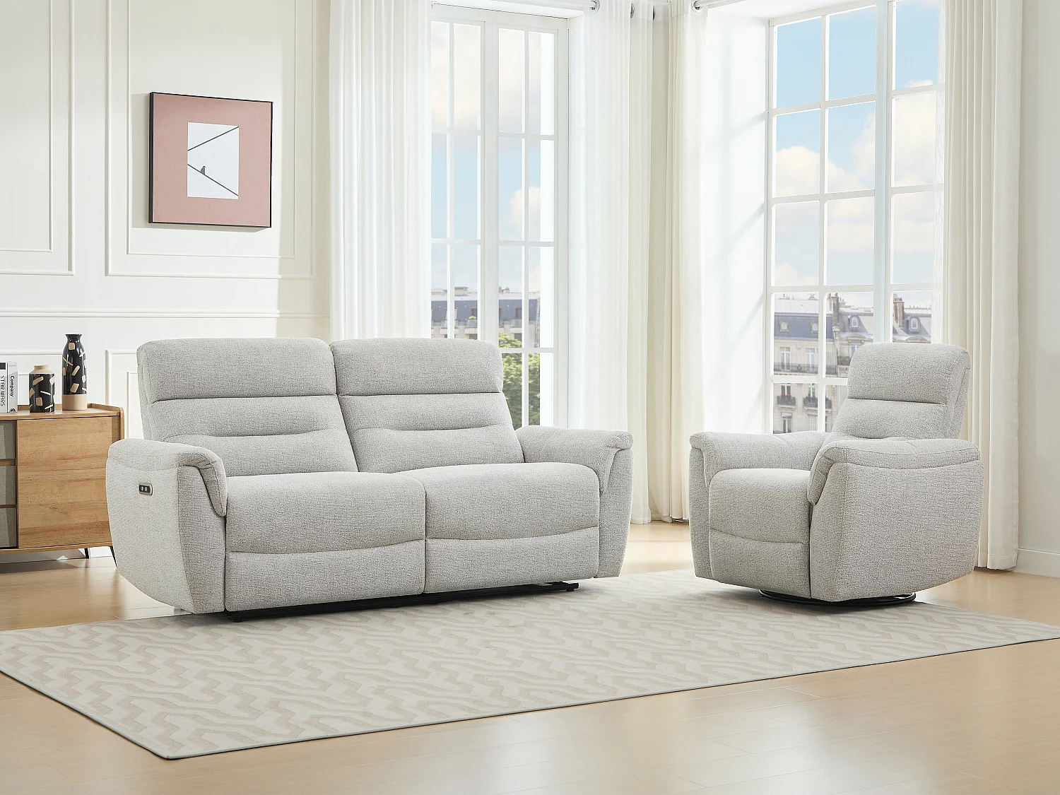 Canapé 3 places et fauteuil relax électrique en tissu texturé gris clair BREVIO
